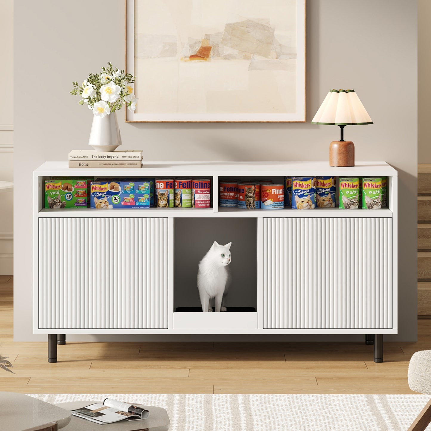 Cat Litter Cabinet Cat Litter Cabinet With Sand Collecting Mat, Pet Cabinet With Shelf, Pet Sideboard TV Cabinet, Without Cat Litter Tray, 120x50x66cm, White