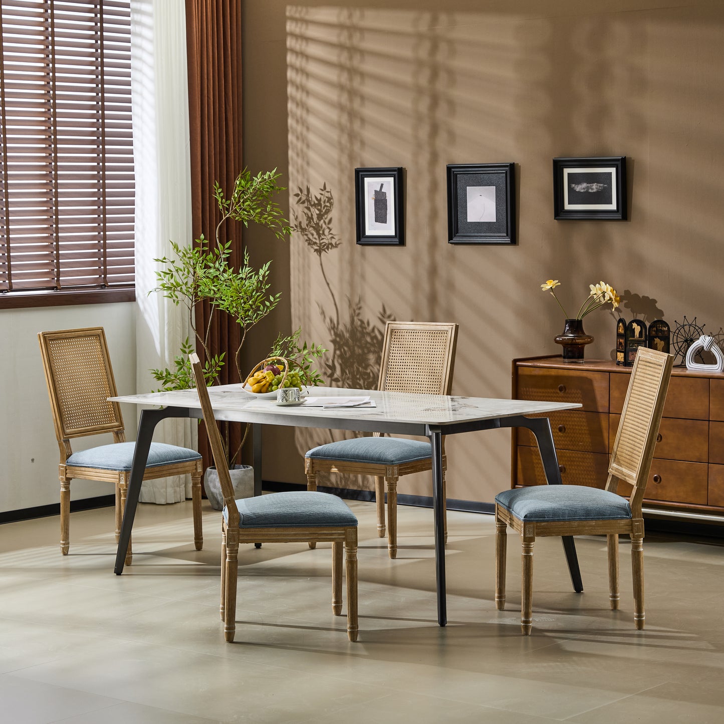 Set Of 4 French Country Dining Chairs - Elegant Cane Backrest & Upholstered Seats With Fluted Legs - Rustic Weathered Finish - Solid Rubberwood Frame - Vintage Inspired Kitchen & Dining Room Chairs
