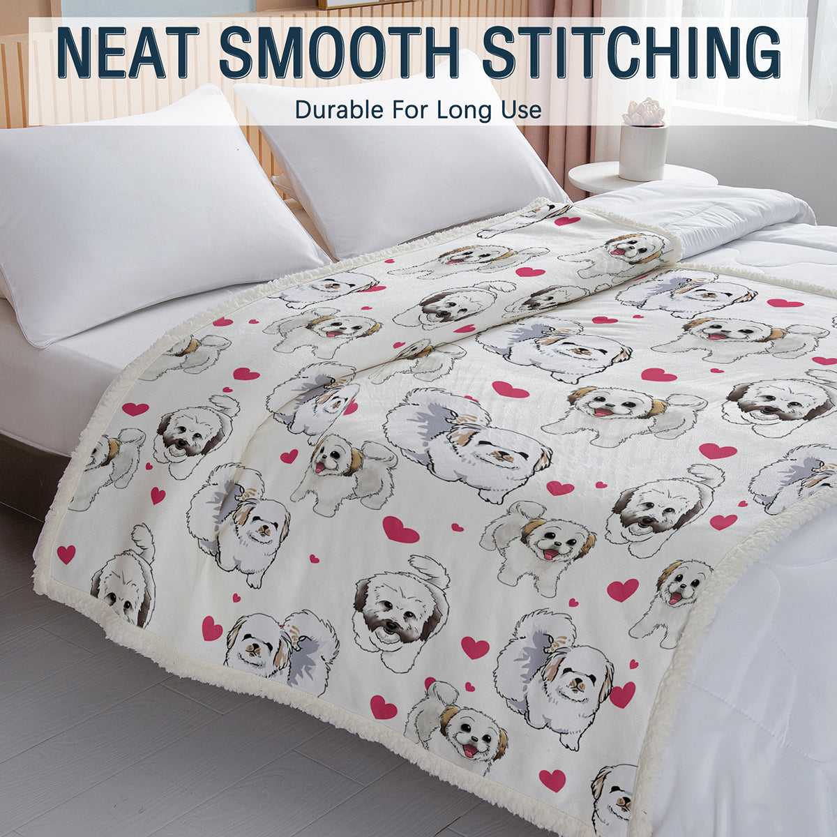 Shih Tzu Sherpa Throw Blanket - Super Soft Fuzzy Cozy Warm Red Hearts Dog Blanket Thick Plush Fluffy Blankets For Teen Girls Women Couch Bed Sofa Chair Men Boys Gift
