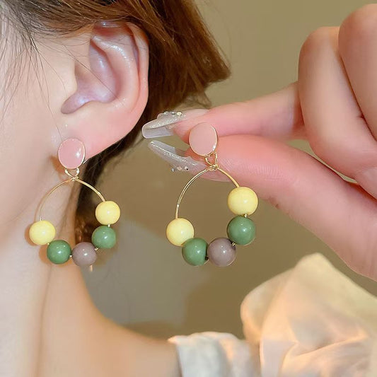 Street Fashion French Vintage Flat Round Resin Tassel Circle Hoops, S925 Silver Needle Elegant Light Luxury High Texture All-Match Women Earrings