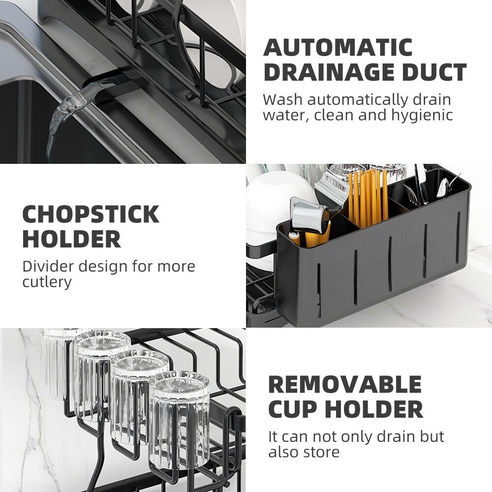 2 Tier Dish Drainer Drying Rack With Cup Holder Cutlery Tray Kitchen Organiser