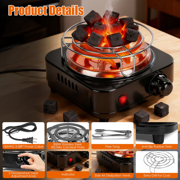 Electric Charcoal Burner For Hookah - 500W Fast Heating, 5 Temperature Gears, Thermostat Safety & Stainless Steel Coil, Bonus Accessories For Outdoor/Indoor Use