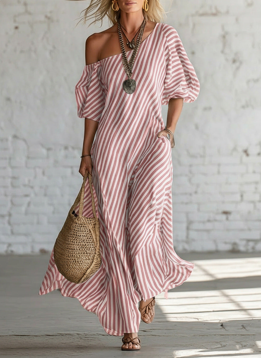 European And American Cross-border Amazon Independent Site Women's Fashion Spring Elegant Striped Off-shoulder Dress