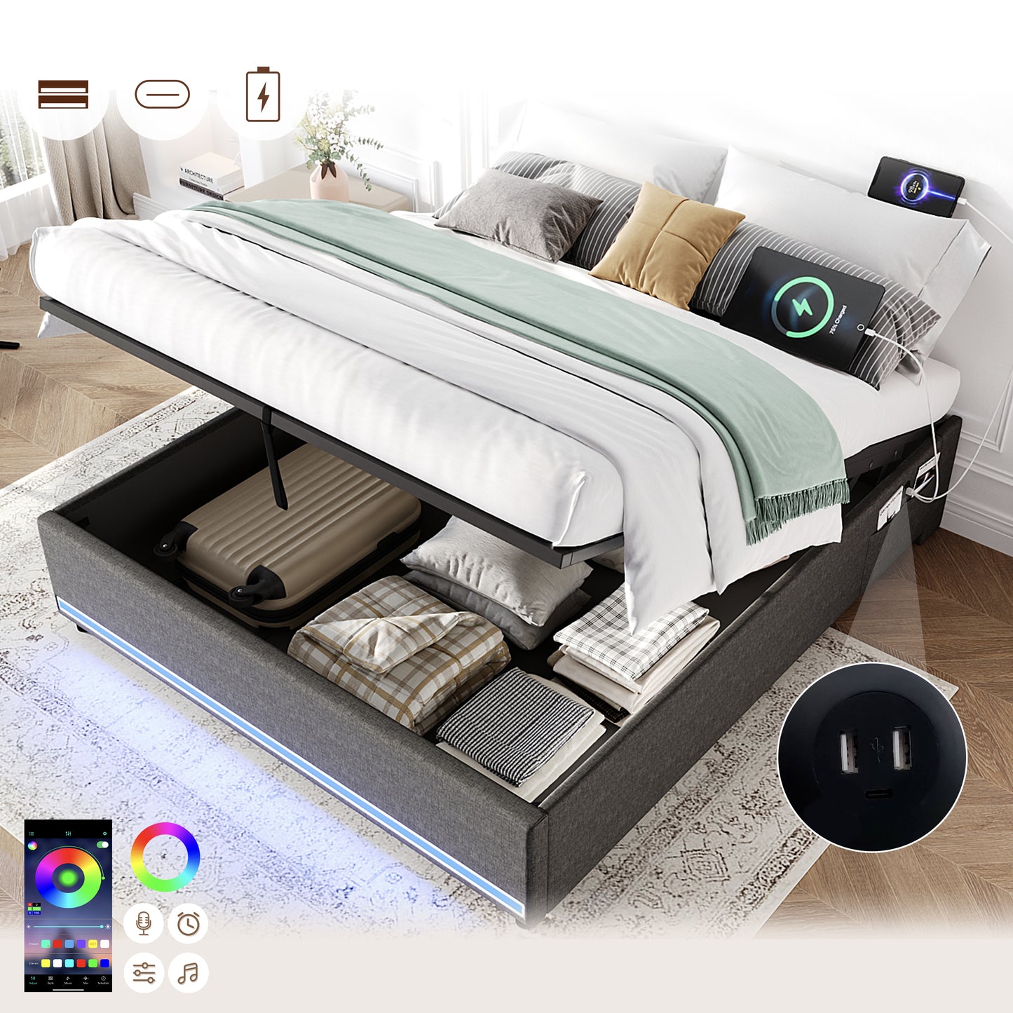 5ft King Hydraulic Storage Bed, No Headboard Linen Bed Frame With APP Control LED Lights, Side Charging Station, Side Pockets, Grey No Mattress