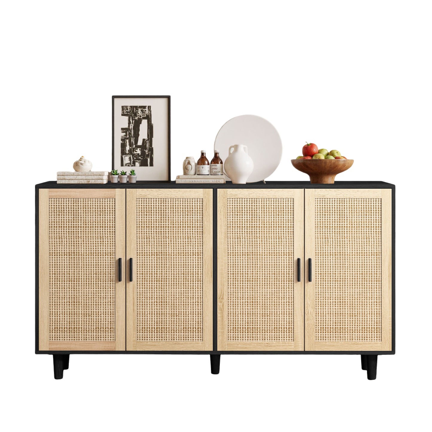 158CM Elegant And Functional 4-Door Rattan Decorative Storage Cabinet,for Bedroom,Living Room,Office,Black 158CM Elegant And Functional 4 Door Rattan Cabinet For Bedroom, Living Room, Office