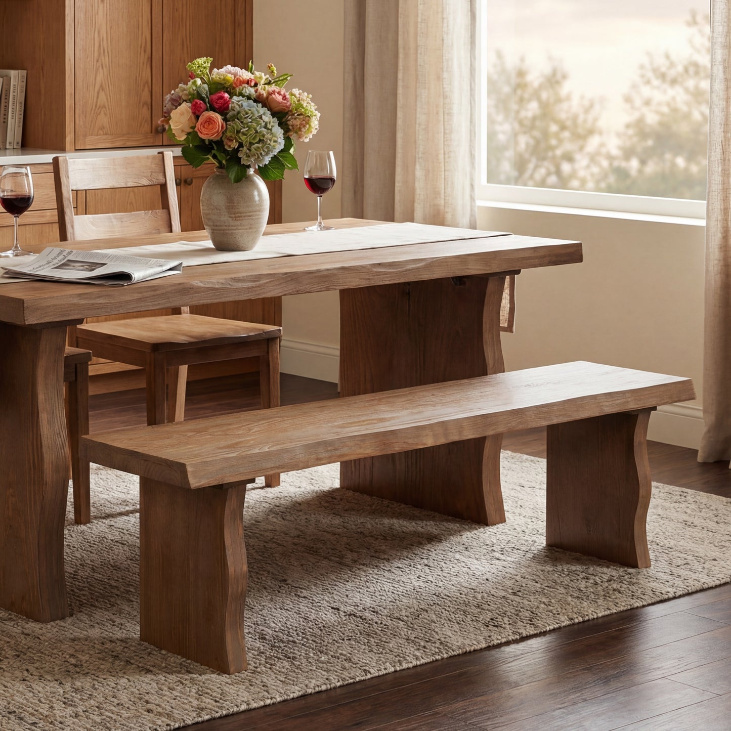 Indoor Pine Dining Bench, 62.9  L Solid Wood Seating, 350lbs Weight Capacity, Fits 3 People For Kitchen, Dining Room & Living Space