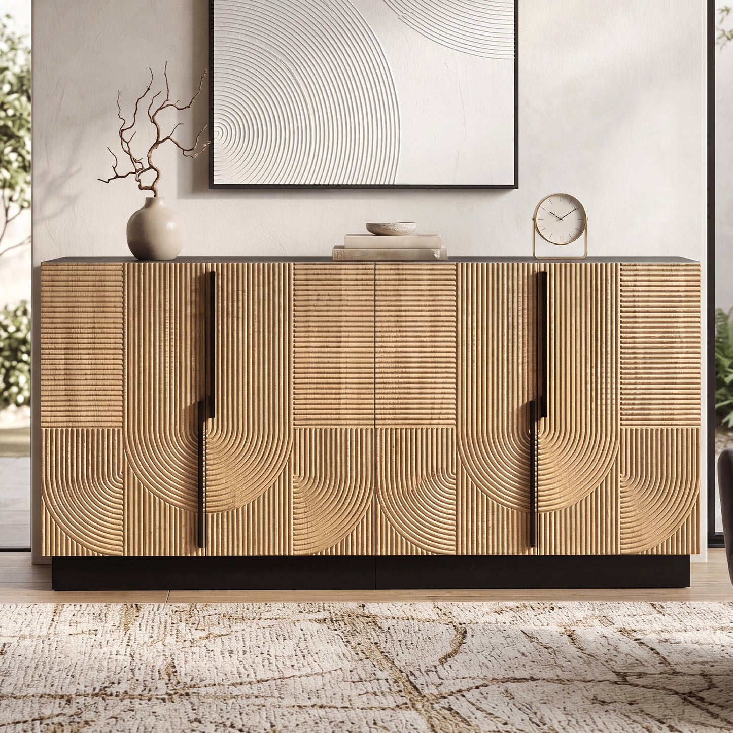 Sideboard, Living Room Cabinet, 4 Doors, Relief Front, Metal Handles, PB MDF Body, Dining Room Cabinet, Hallway Cabinet