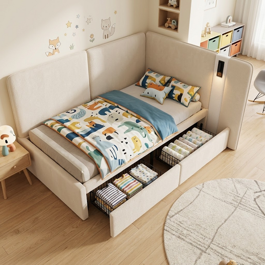Daybed 90x200 Cm With 2 Drawers, Upholstered Bed, Daybed, Sofa Bed With USB Charging Port And Reading Lamp, Velvet, Beige