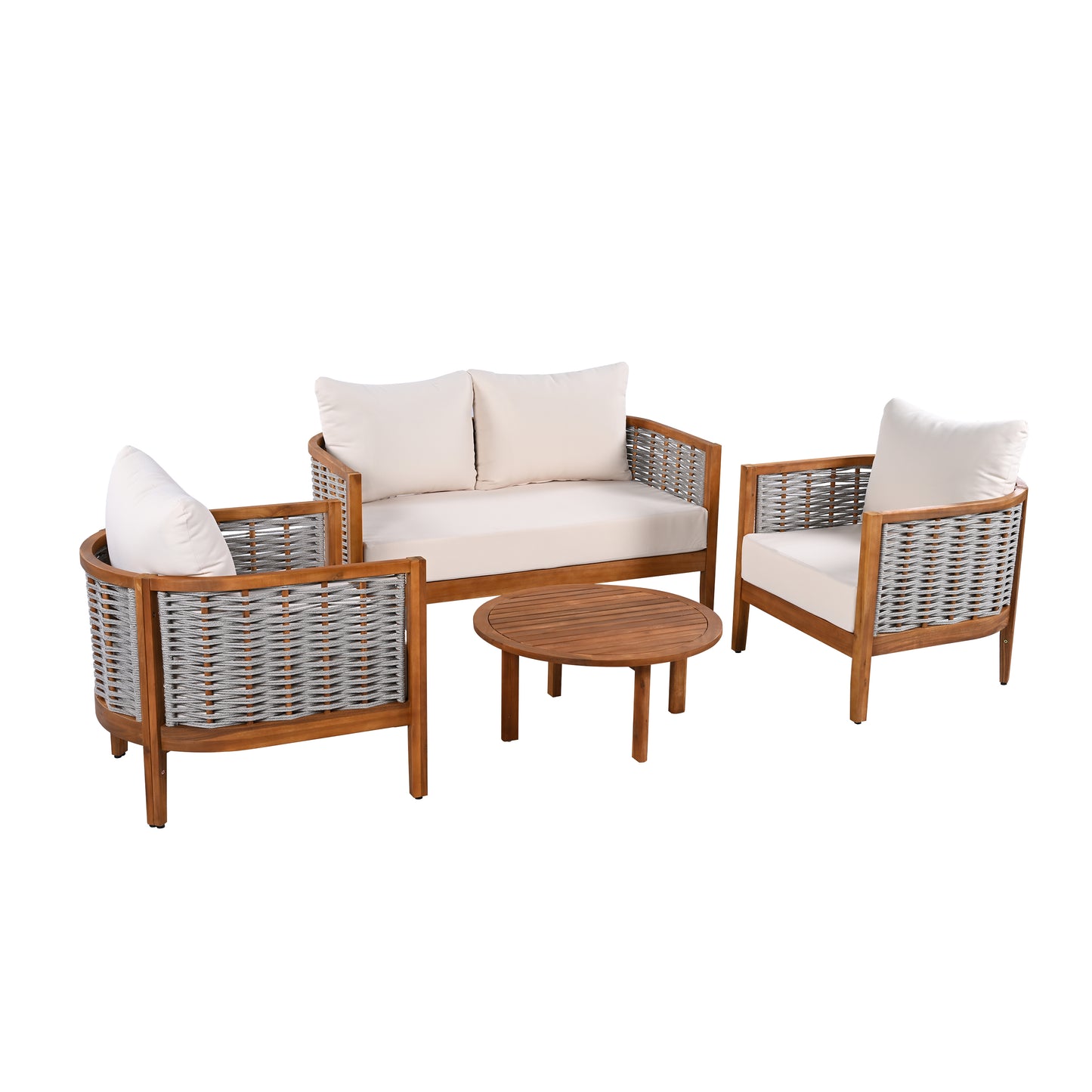 Outdoor Unique Tub Design 4-Seat Sofa Set With Woven Rope, 4 Pieces Acacia Wood Patio Furniture Set, Deep Seating With Soft Cushions For Porch, Garden, Backyard, Balcony, Teak Finish & Beige Cushion