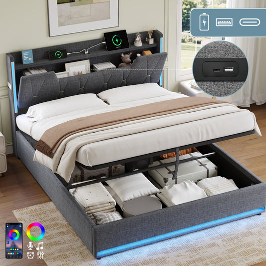 5ft King Upholstered Bed Frame With Hydraulic Storage,  LED X-Shape Headboard With Charging Station And Flip-top Headboard Storage, USB And Type - C Ports, Linen, Grey   No Mattress