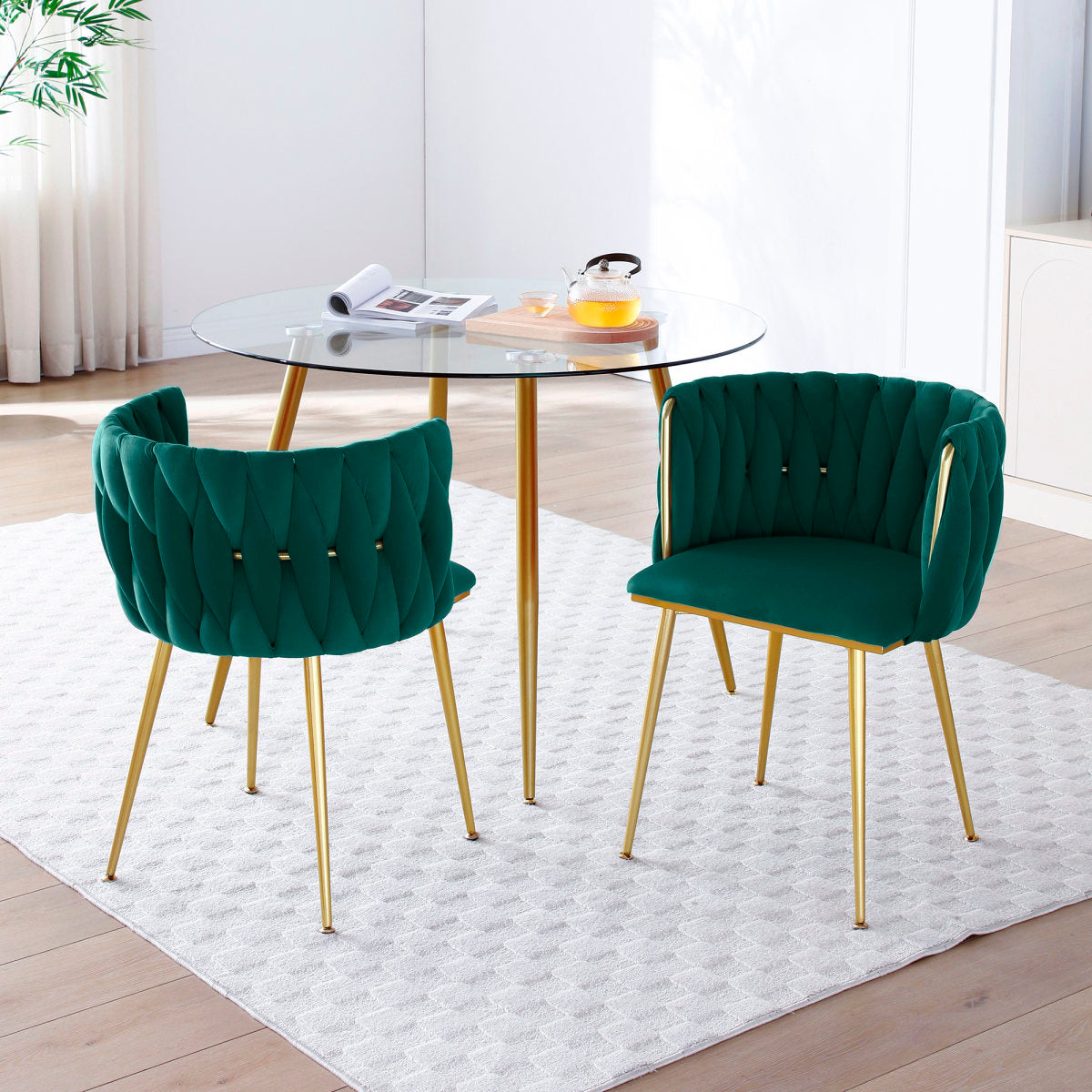 Modern Velvet Dining Chairs Set of 2, Upholstered Woven Dining Chair with Golden Metal Legs, Upholstered Dining Chairs for Dining Room, Kitchen, Vanity, Living Room