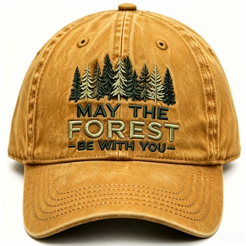 Water-washed, Distressed Forest-themed Embroidered Outdoor Casual Baseball Cap