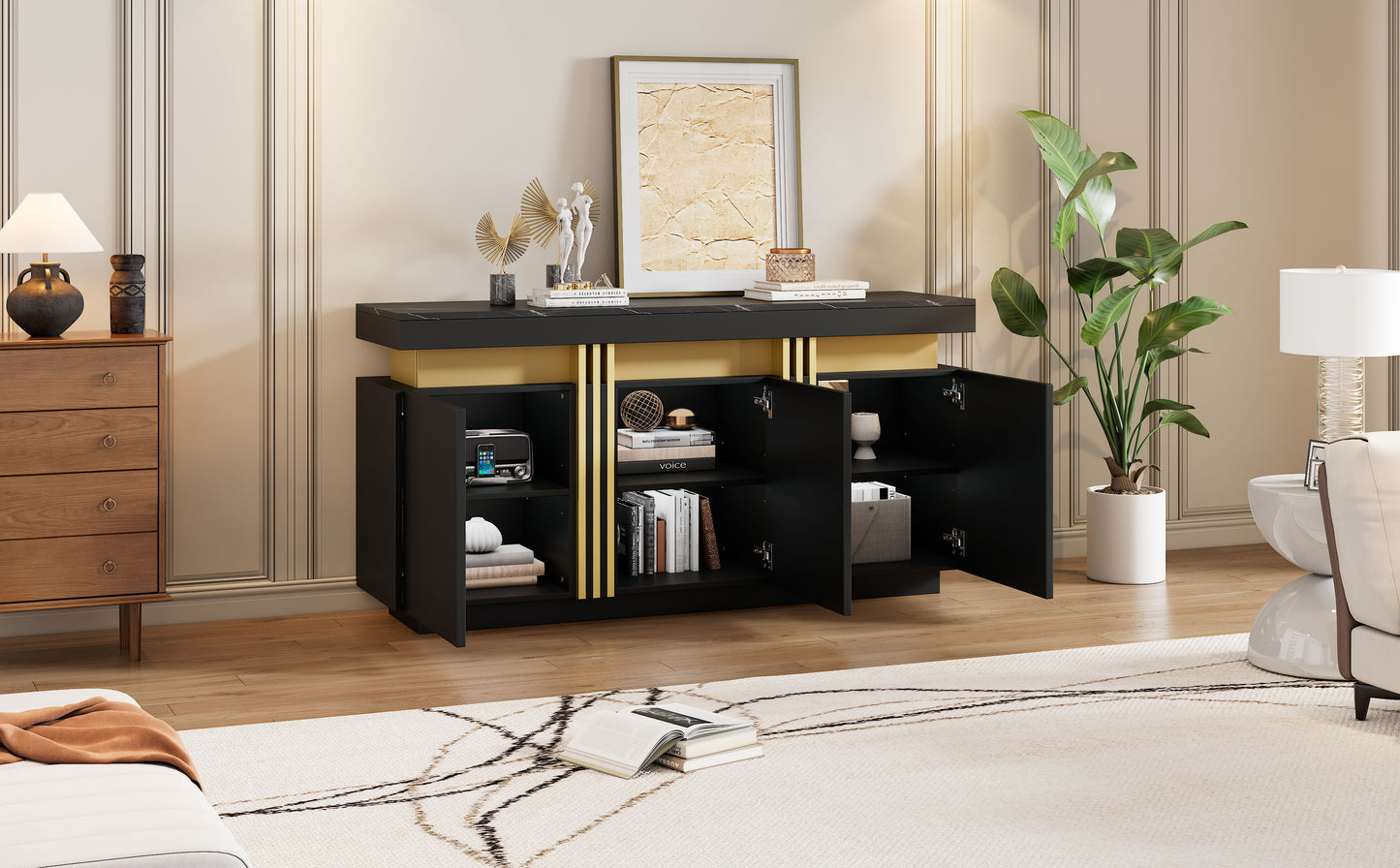 Modern Black & Gold Buffet Cabinet, 55'' Sideboard With Faux Marble Top, Luxury Storage Credenza With 3 Doors & Adjustable Shelves For Kitchen, Dining Room, Living Room, Entryway