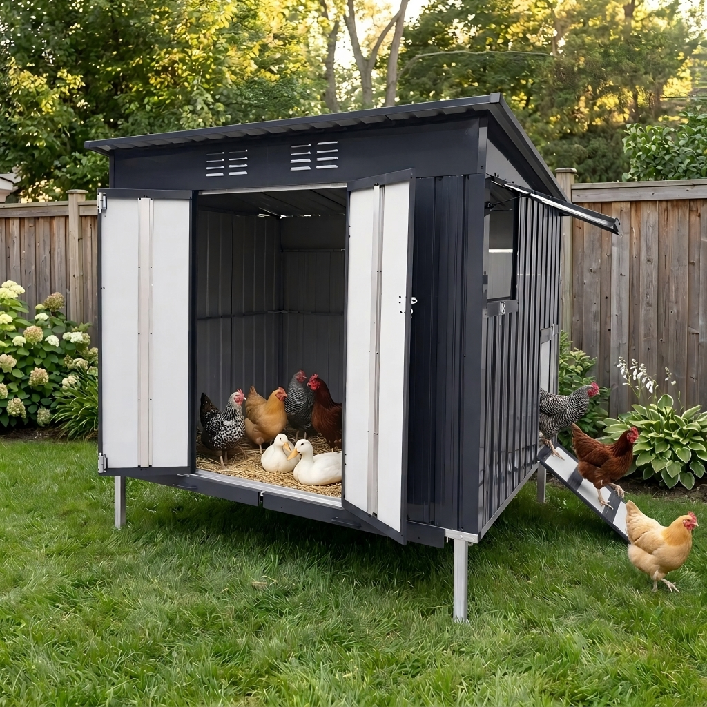 Outdoor Galvanized Metal Chicken Coop With Pull Out Waste Trays, Raised Base & Adjustable Vent Window, Weatherproof Large Poultry Cage For  Hen Duck Small Animal Housing