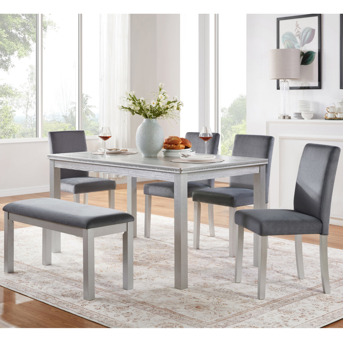 6 Piece Wooden Dining Table Set, Wooden Dining Table with 4 Upholstered Chairs and Bench for 6 People, Rectangular Dining Table Set with Crystal Decoration for Kitchen, Dining Room, Silver grey