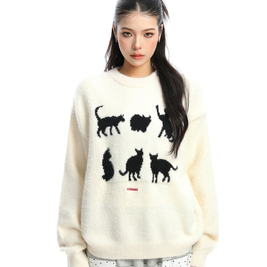 Korean Cat Jacquard Soft Round Neck Sweater