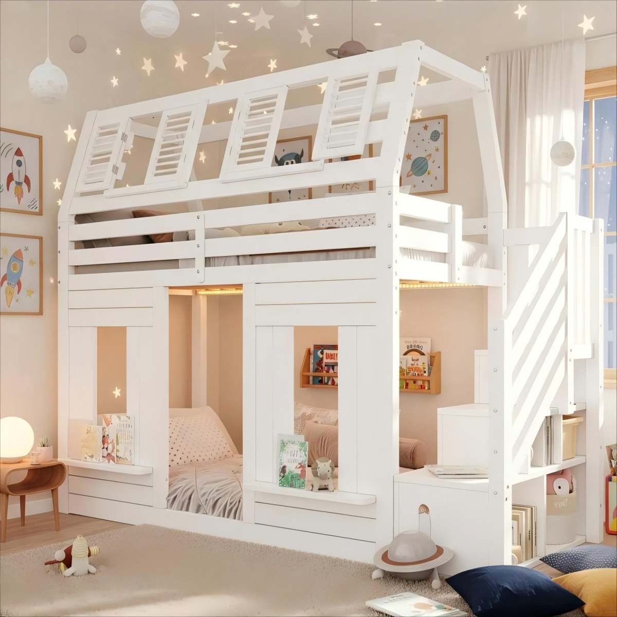 Bunk Bed, Loft Bed, Children's Bed, Wooden Bed, House Bed 90x190cm With LED, Fall Protection And Storage Stairs, Window Shape, White