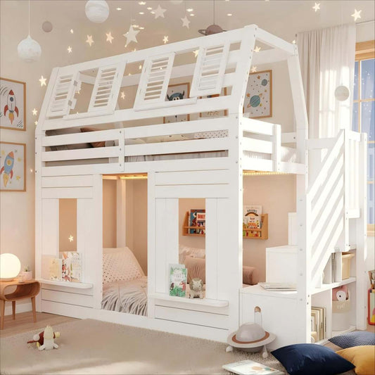 Bunk Bed, Loft Bed, Children's Bed, Wooden Bed, House Bed 90x190cm With LED, Fall Protection And Storage Stairs, Window Shape, White
