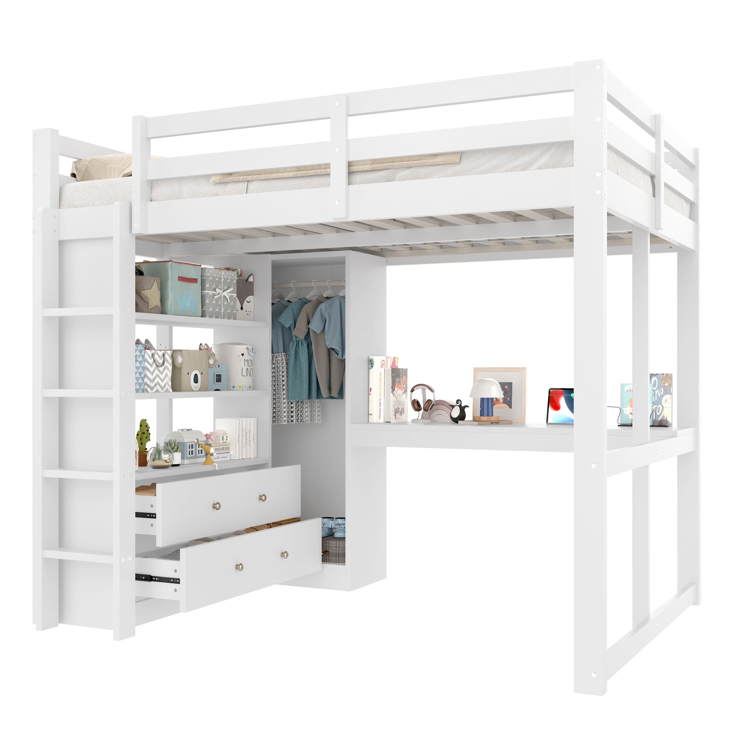 Loft Bed 140x200 With 2 Drawers And Shelves, Underbed Desk, LED Light And USB, White