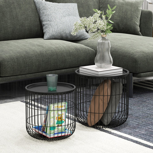 Coffee Table Set, Nest of Coffee Tables with Steel Wired Basket Body and Removable Top for Living Room, Black