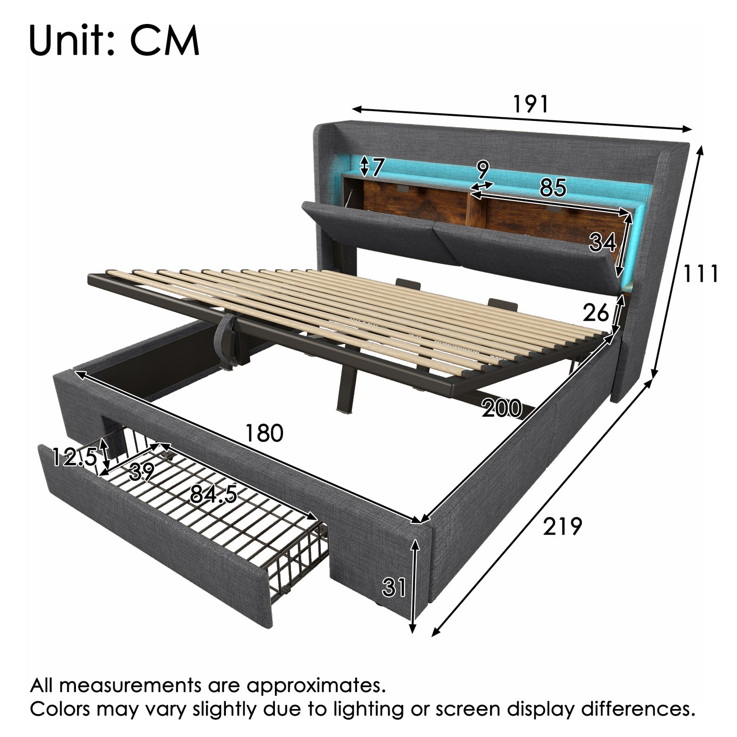 Upholstered Bed 180x200 Cm With Hydraulic Storage And Headboard With Storage Compartment, LED Lighting And USB & USB-C Port, Wooden Slatted Bed Frame, Grey, Linen, Without Mattress