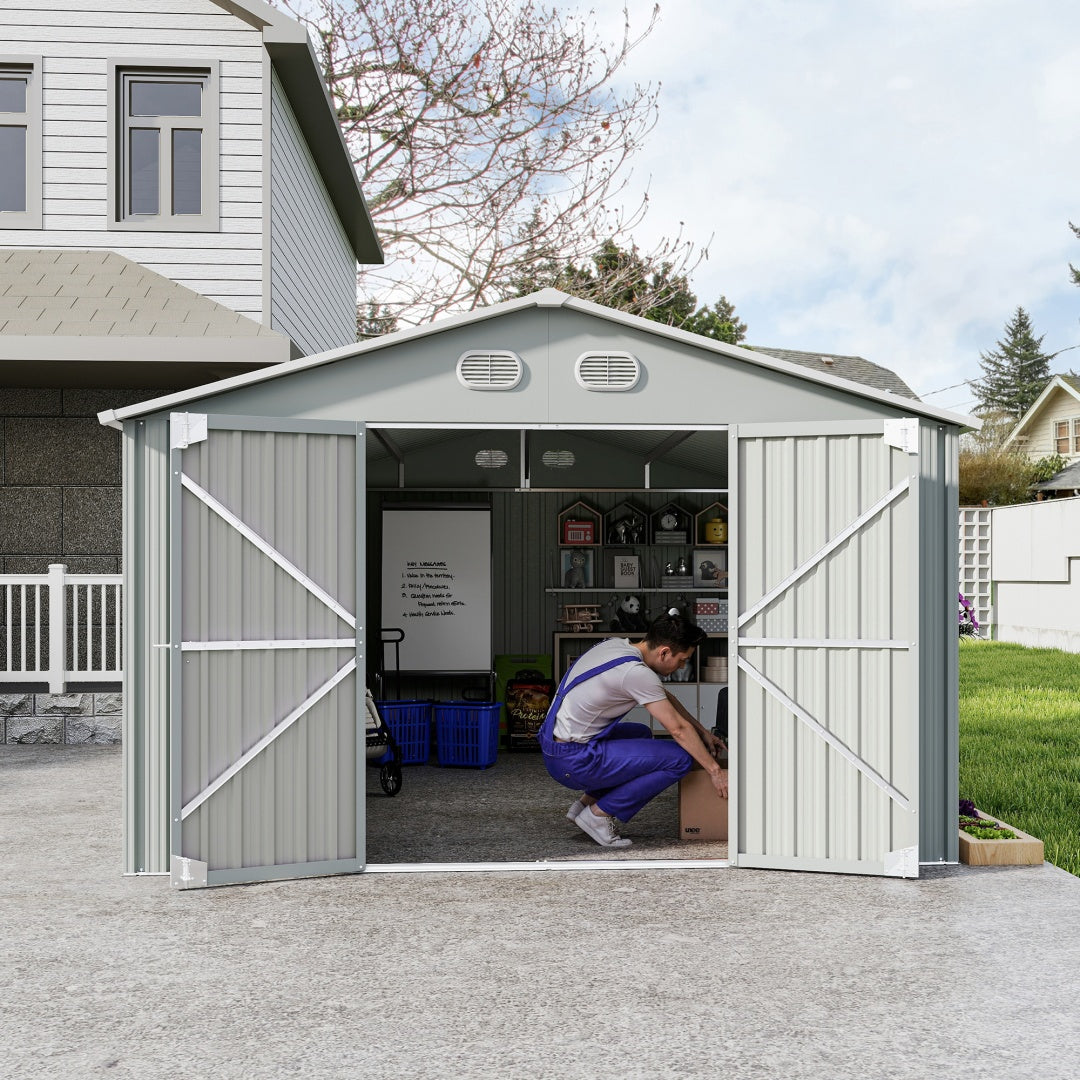 10x12 FT Outdoor Metal Storage Shed, Large Storage Sheds With Sturdy Frame Structure, Metal Garden Tool Shed With Lockable Door For Garden,Gift A Foldable Flower Pot Stand, Backyard, WHIT