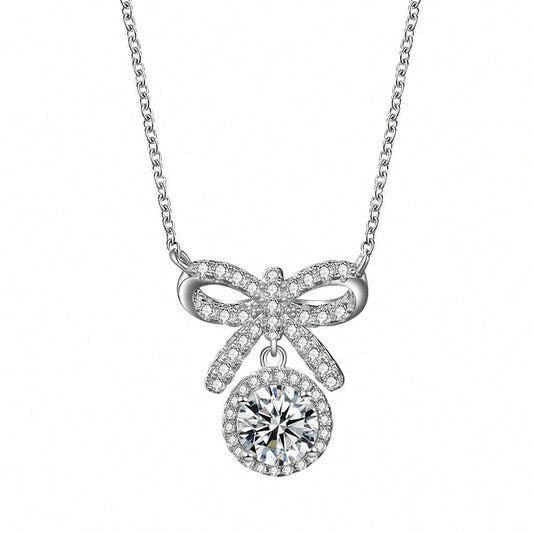S925 Sterling Silver 1ct D Color VVS1 Moissanite Bow Necklace 45cm Platinum Gold Plated GRA Certified Gift Box