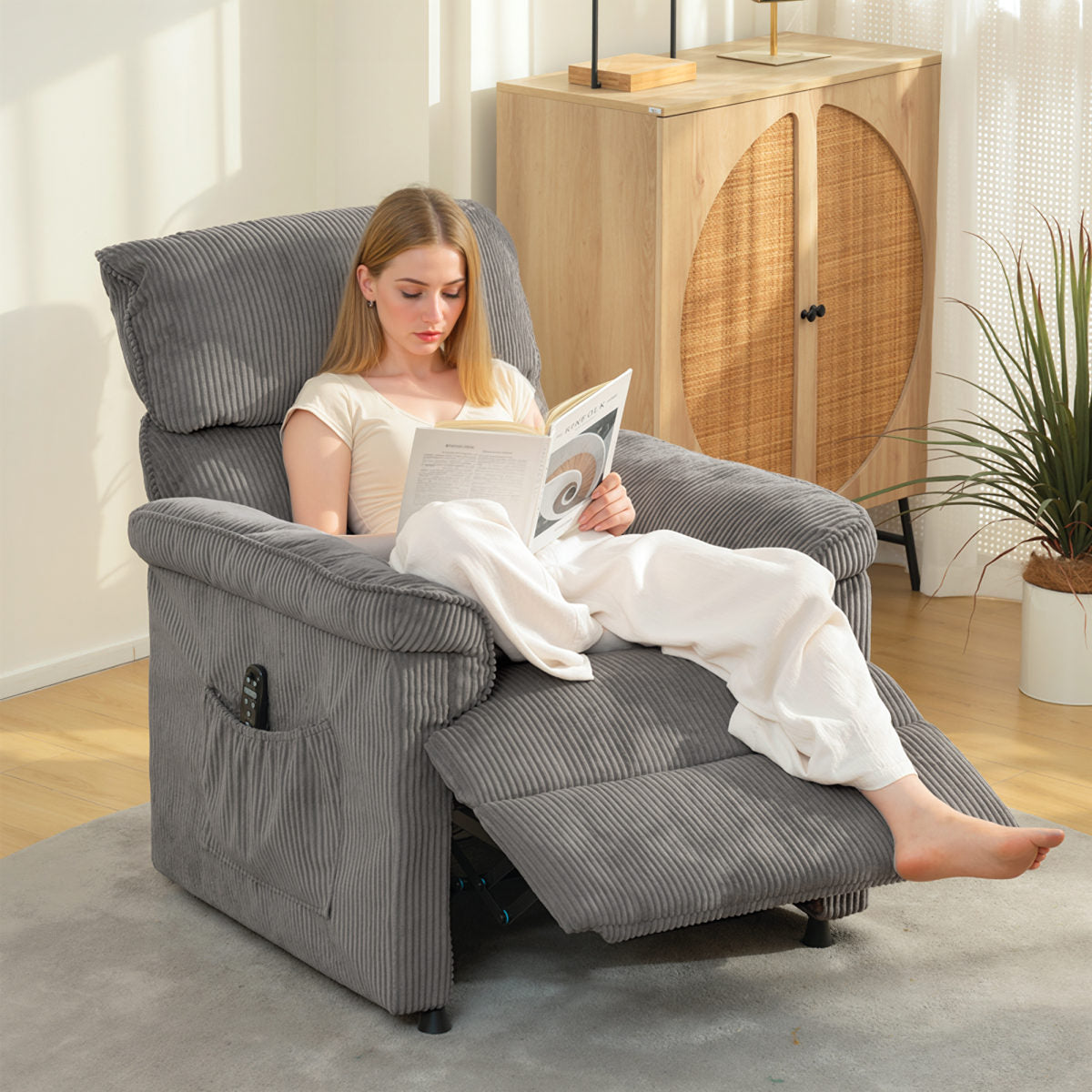 Corduroy Electric Massage Recliner - Grey