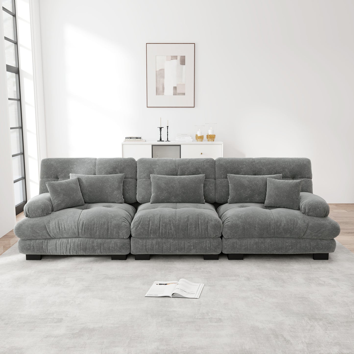 3 Seater Modular Corner Sofa With Deep Seat, Chenille Sofa Bed Comfortable Upholstered For Living Room, Apartment, Studio, Office, Chenille Grey