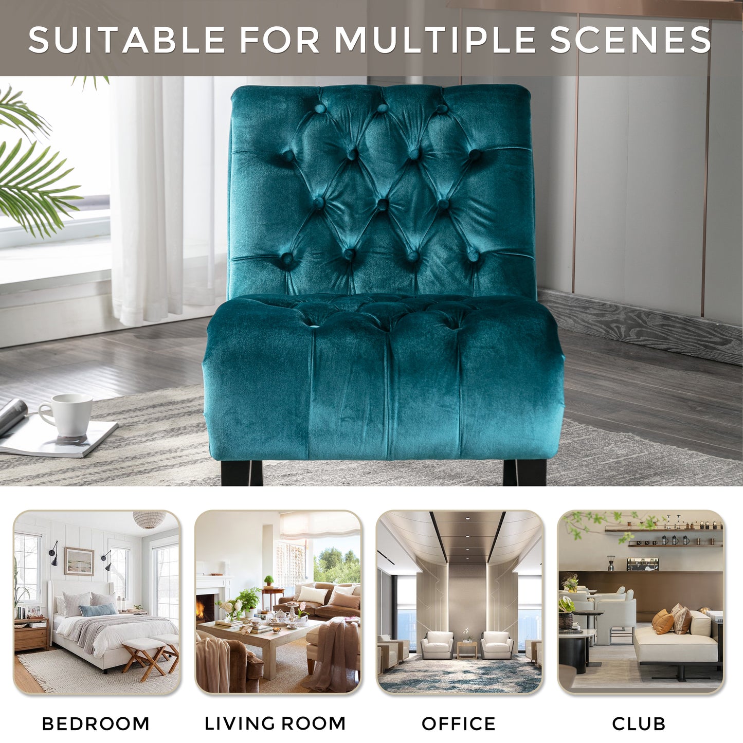 COOLMORE Modern Velvet Armless Accent Living Room Chair   Leisure Chair,Upholstered Fabric Button Comfortable Chair With Wooden Legs For Bedroom, Living Room, Office  Teal Velvet