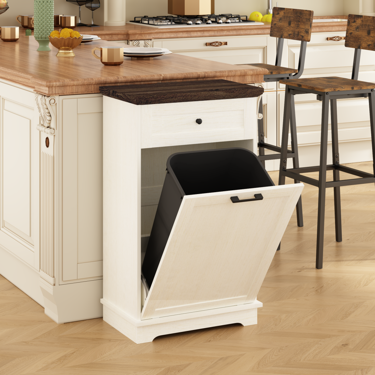 10 Gallon Tilt Out Trash Cabinet Freestanding Trash Bin Cabinet Wood Garbage Recycling Cabinet with Drawer Pet Proof Trash Can Holder for Kitchen Living Room, Antique White (Not include trash can)