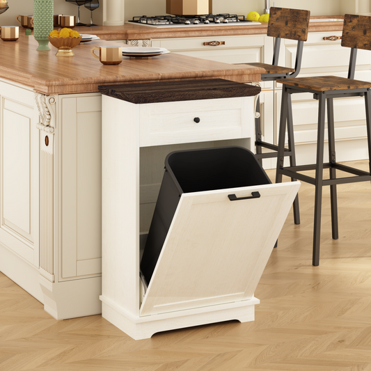10 Gallon Tilt Out Trash Cabinet Freestanding Trash Bin Cabinet Wood Garbage Recycling Cabinet with Drawer Pet Proof Trash Can Holder for Kitchen Living Room, Antique White (Not include trash can)