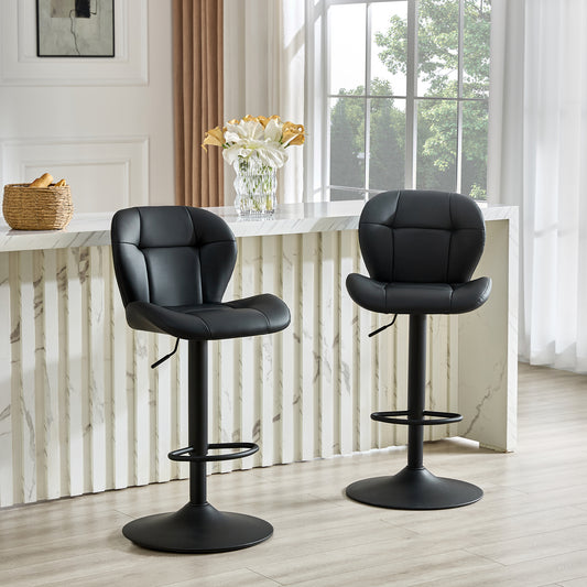 Set Of 2 Height Adjustable Bar Stools, Black PU Upholstered Tufted Back Chairs With Black Metal Base & Footrest For Kitchen Island, Bar, Pub
