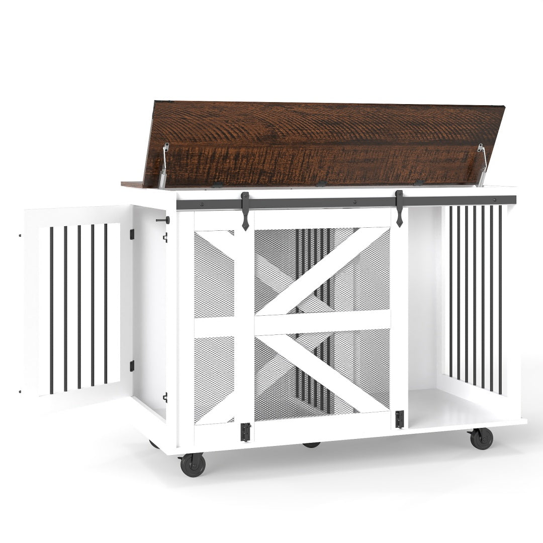 47.2 Mobile Dog Crate With Flip-Top Feeding Door, Dual-Access & 5 Caster System 2 Locking, Side Hooks - Multi-Functional Pet Kennel,double Dog Crate Furniture
