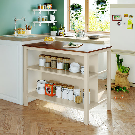 TOPMAx Solid Wood Rustic 45  Stationary Kitchen Island  Rubber Wood Butcher Block Dining Table Prep Table With 2 Open Shelves For Small Places Walnut Cream White