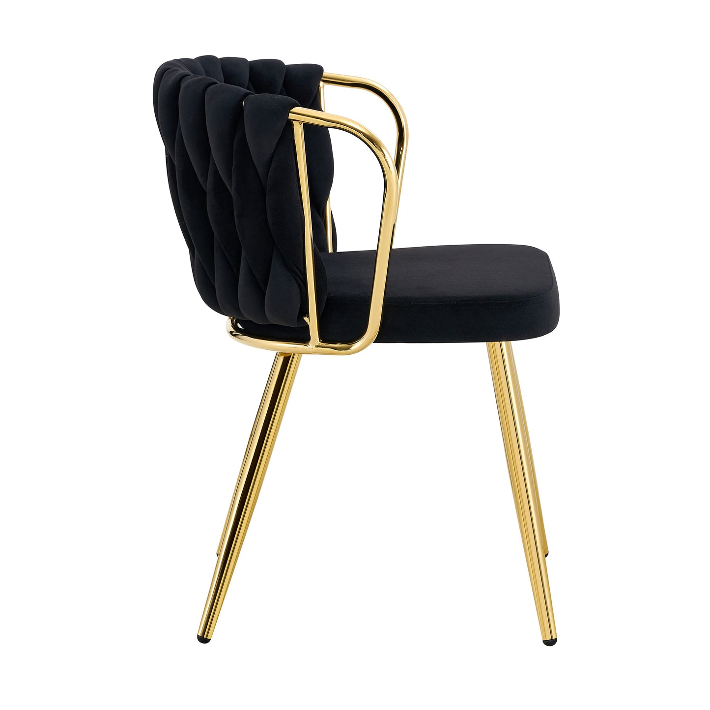 Dining Chair With Velvet Cover, Modern Upholstered Chair With Woven Backrest & Golden Metal Legs, Ergonomic Armchair For Dining Room, Living Room & Kitchen, Black And Gold