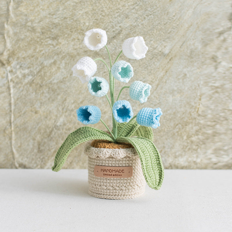 Hand Crocheted Lily Of The Valley Artificial Flowers  Potted Arrangement Decor For Indoor Table Living Room Bedroom