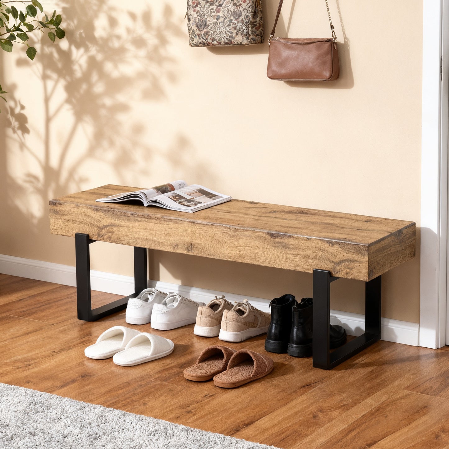 59  Wood Bench For Bedroom End Of Bed, Farmhouse Indoor Kitchen Table Benches,Versatile Modern Shoe Bench For Entryway, Natural