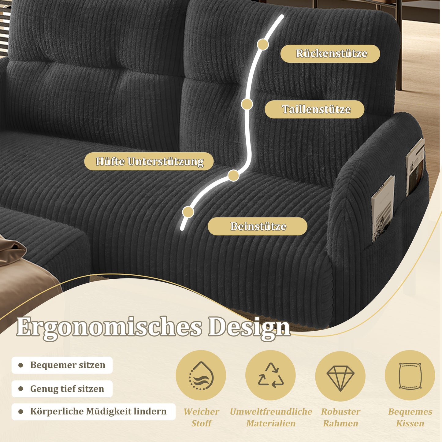 Corduroy Two-seater With Comfort Padding High Backrest & Side Pockets Metal Feet Integrated Side Pockets Inviting Softness With Optimal Support Perfect For Home Office Lounges
