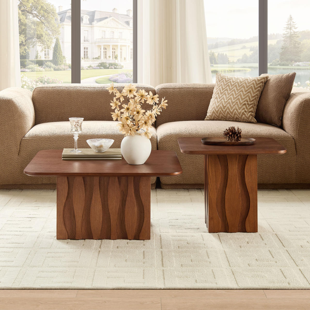 2PCS Nesting Square Coffee Table Set for Living Room,Mid-Century Wavy Fluted Base Tables, End Side Tables for Leisure Area,Office,Brown