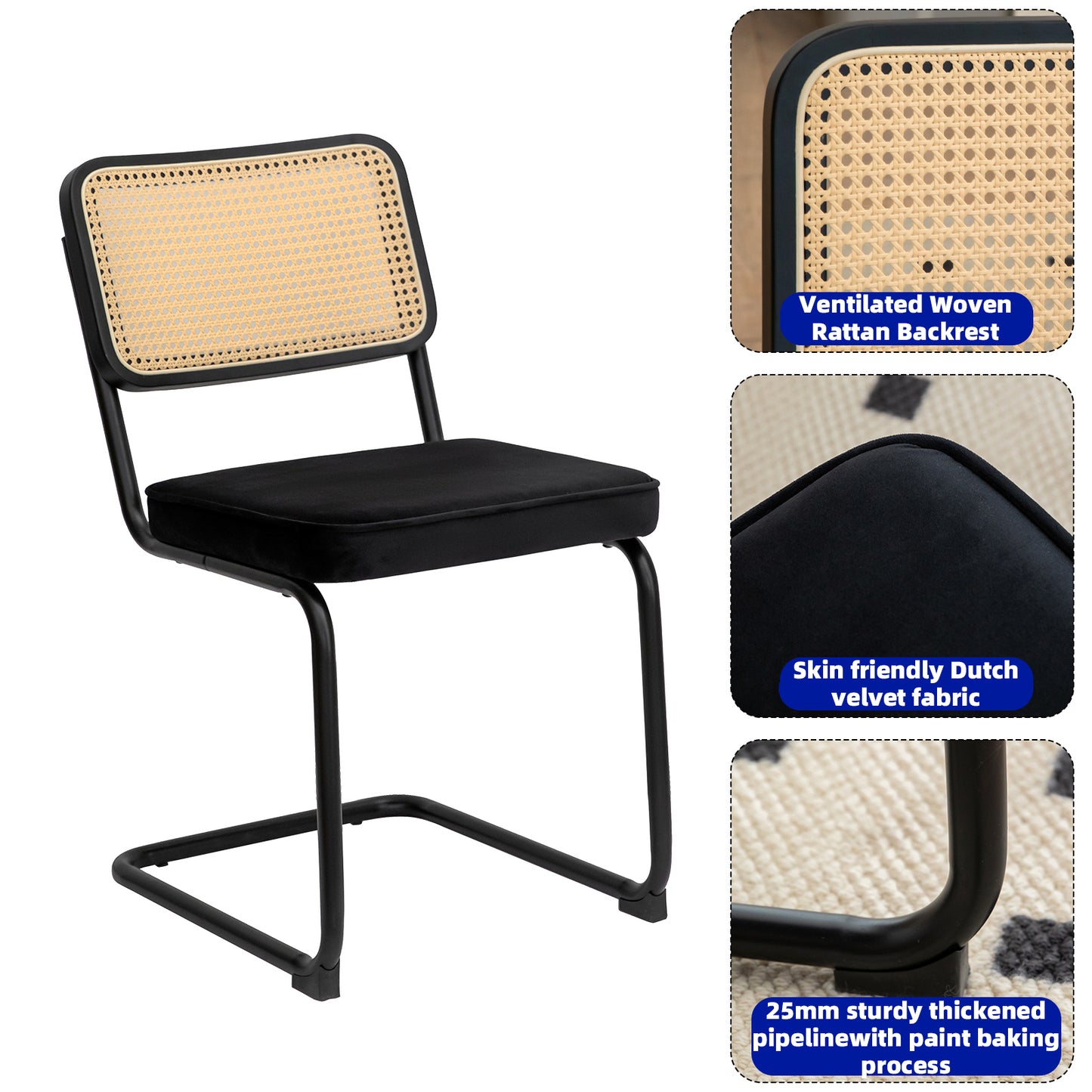 Dining Chairs Set Of 2, Velvet Rattan Side Accent Chairs With Chrome Legs, Modern Mid Century Breuer Designed Chairs, Upholstered Dining Living Room Kitchen Chairs
