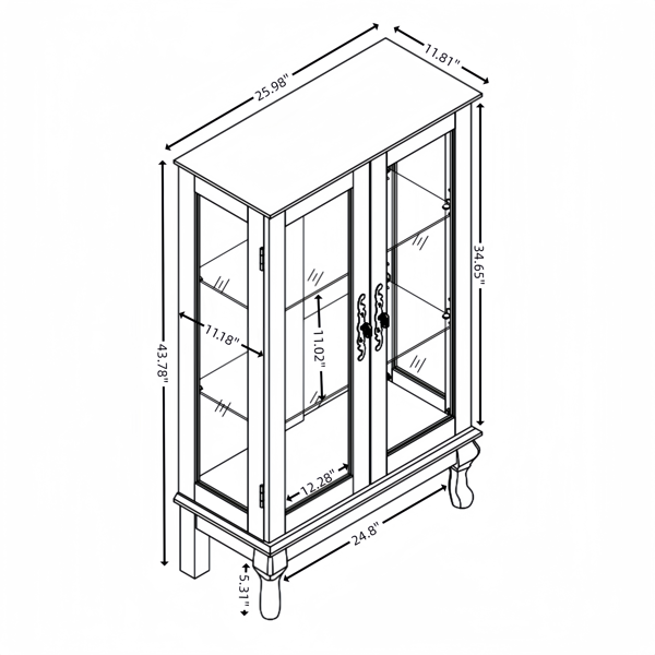 2 Doors Curio Cabinet With Tempered Glass Doors, Curio Cabinets With Mirrored Back Panel And Adjustable Shelves, Lighted Display Cabinet For Home, Office Light Bulb Included Cherry