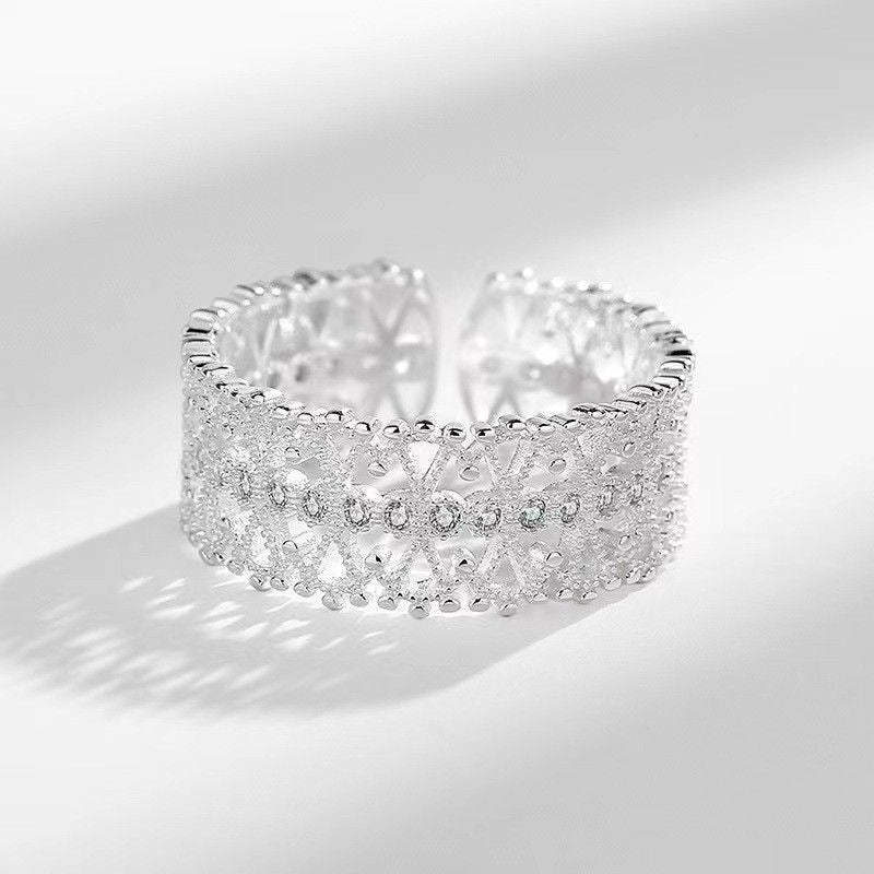 1pcs 999 Sterling Silver Filigree Crystal Statement Ring, Luxurious Bridal Style, Ideal For Birthdays & Anniversary Gifts