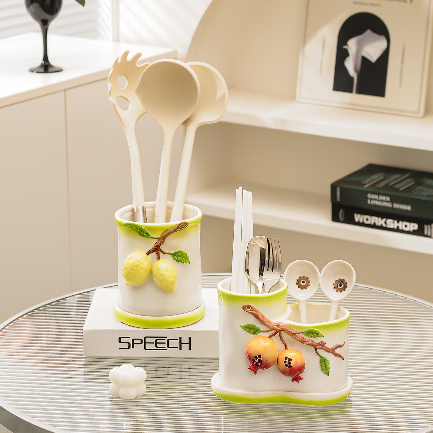 Underglaze Ceramic Chopstick Holder - Cutlery Organizer Rack for Kitchen Tableware - Dish Drainer