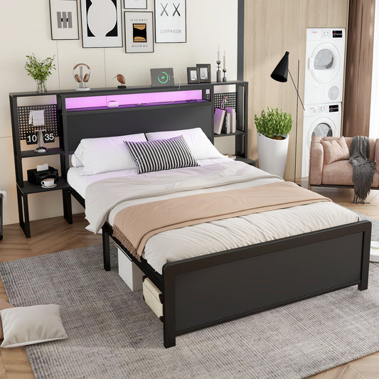 Metal Bed, Iron Bed, 4ft6 Double Bed 135x190cm, With Multi-color LED Strip Lights And Charging Port 2 A-type And 1 C-type, One-piece Bedside Table, Black