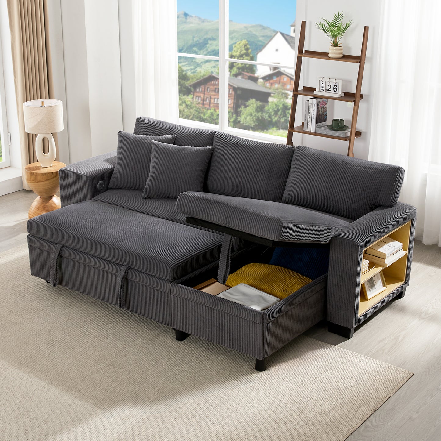 Folding Sofa With Sleeping Function, L-shaped Convertible Corner Sofa With USB Charging Port And Cushions, 3-seater Convertible Sofa With Side Shelves And Storage Space