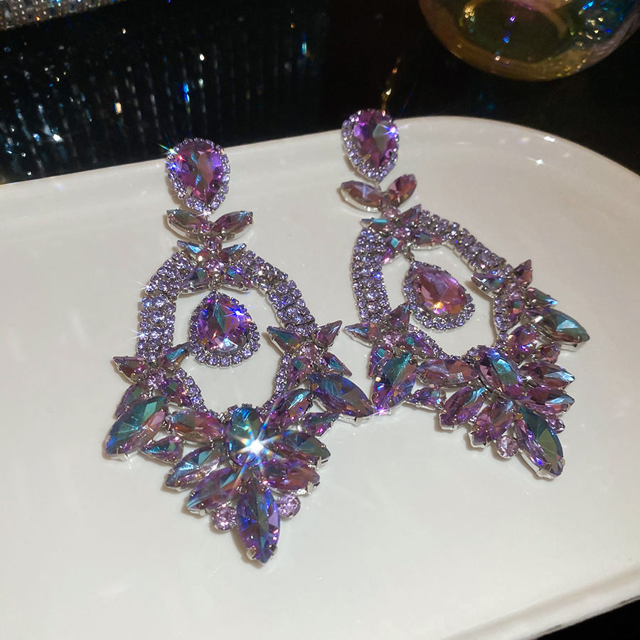Korean Style Purple Earrings For Women Crystal Flower Rhinestone Studs Elegant Versatile
