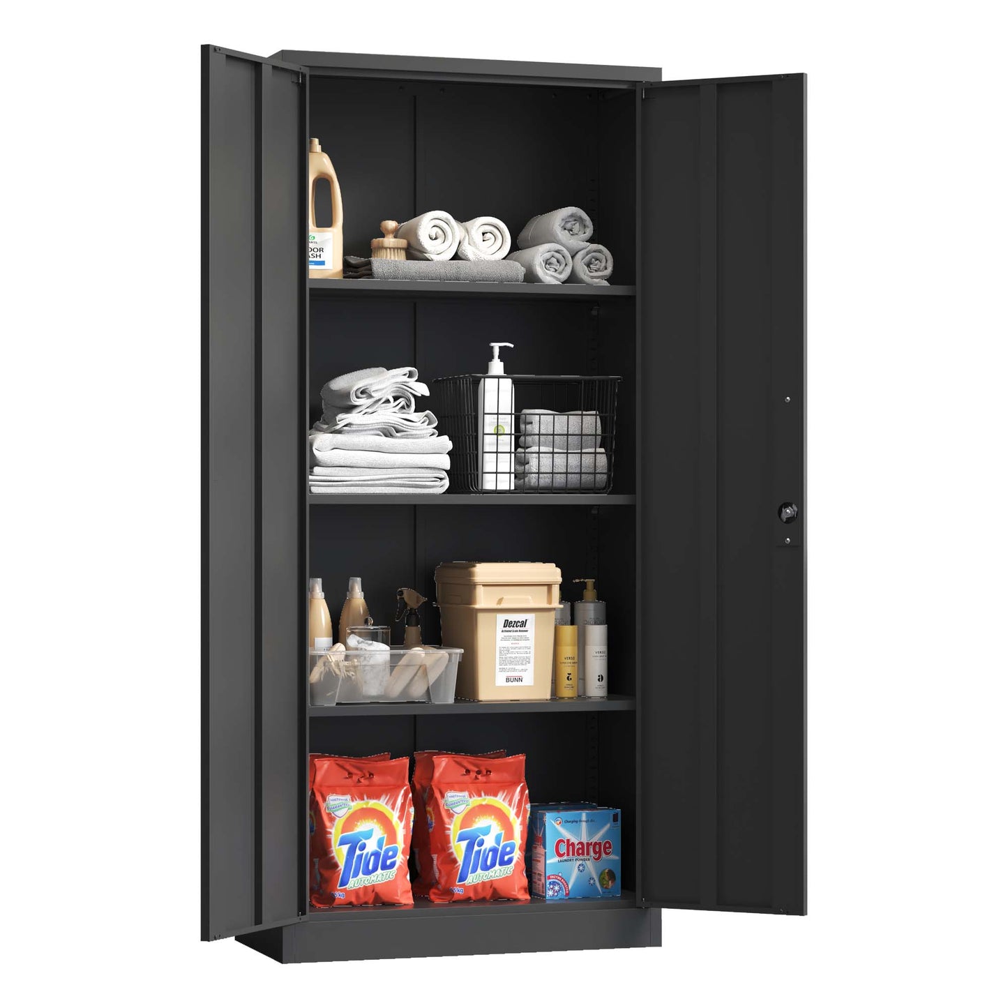 71 H Metal Garage Storage Cabinet, Black Tool Steel Locking Cabinet With Doors And 3 Shelves, Tall Cabinets For Garage Storage Systems Lockable File Cabinet For Home Office, Classroom Pantry