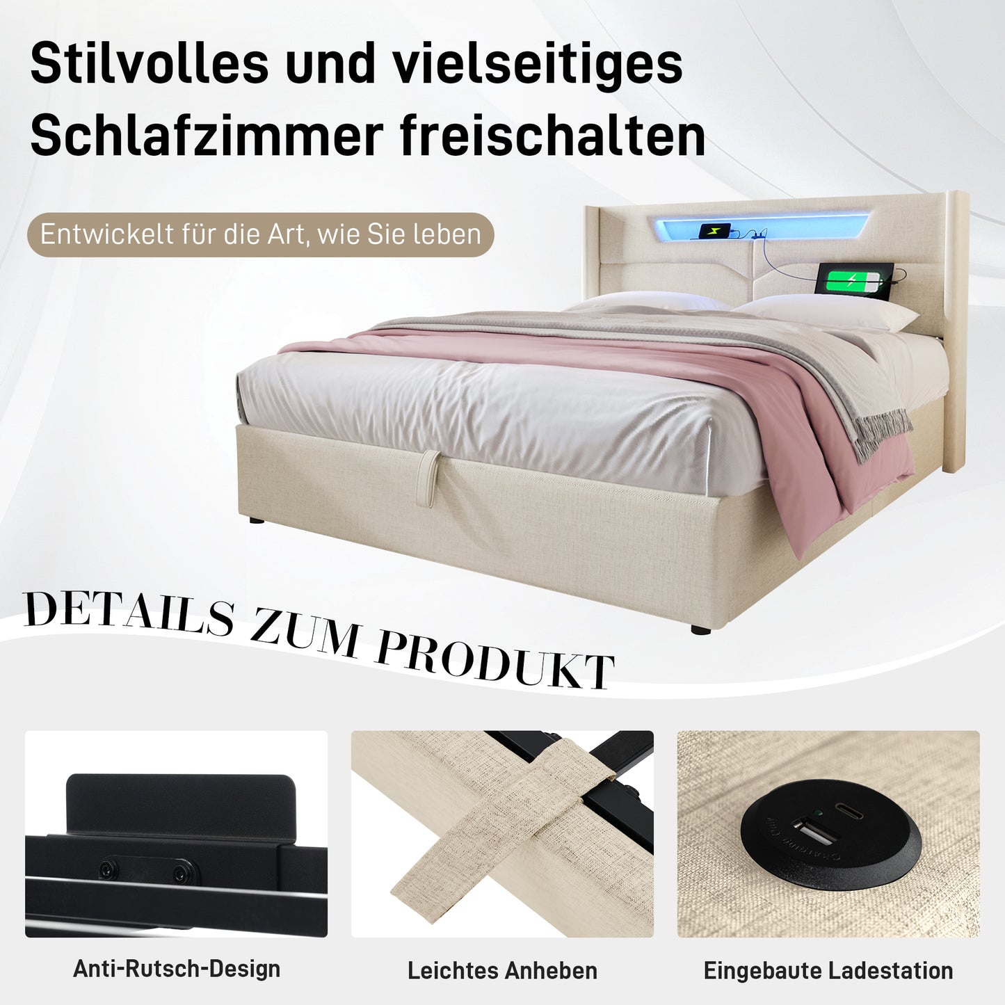 Polsterbett LED Double Bed With USB Type C Charging Function And LED Lighting, Storage Bed Frame Made Of Linen Material Youth Bed 140X200 With Ladder Rust Without Mattress