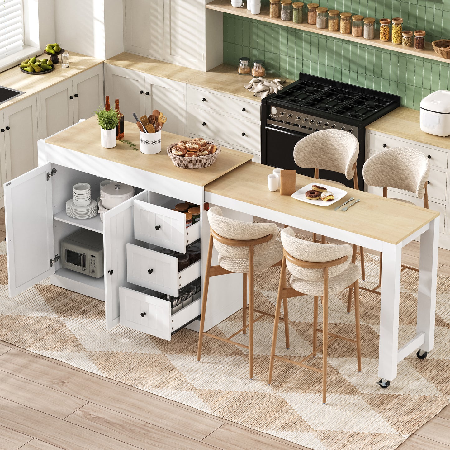 Kitchen Island On Wheels, Extendable Dining Area Kitchen Island With Spice Rack And Drawers, Mobile Kitchen Island Freestanding, Ideal For Kitchen And Dining Room  White